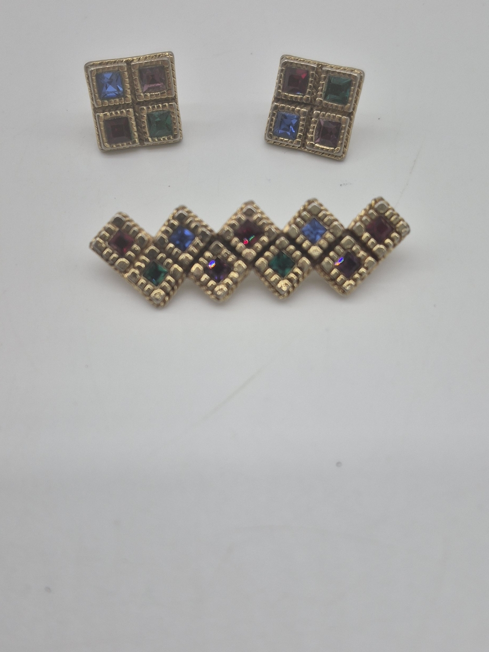Gold-Tone Multi-Color Square Gem Clip Earrings and Brooch Set